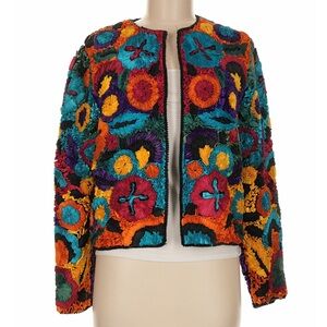 Vintage Lifestyle Fashions India Embroidered Silk Jacket Boho Floral Beaded Med.